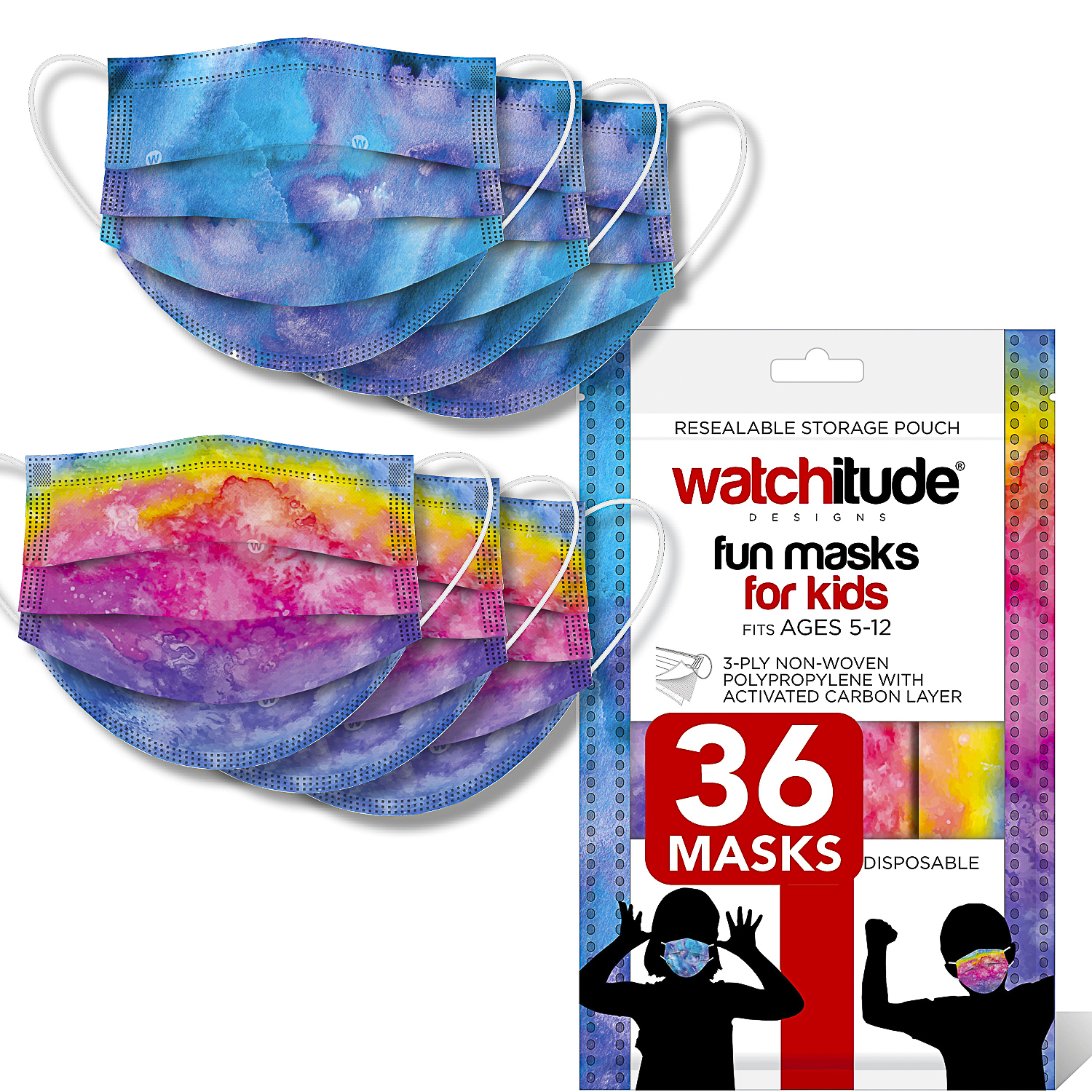 Rainbow Tie Dye & Purple Tie Dye - Watchitude Kids Fun Masks (36-Pack) image number 0