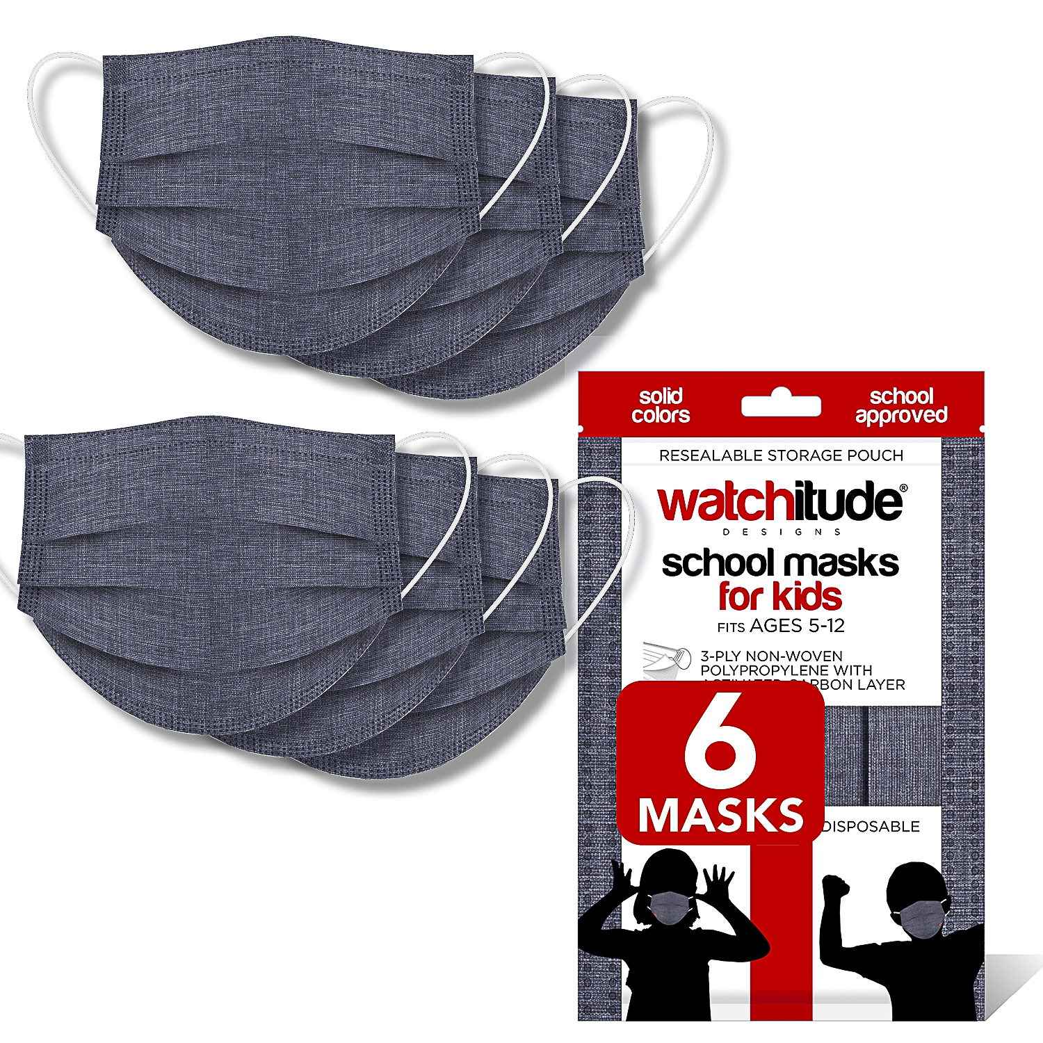Charcoal Gray - Watchitude Kids School Masks (6-pack) - Solid Color - School Approved