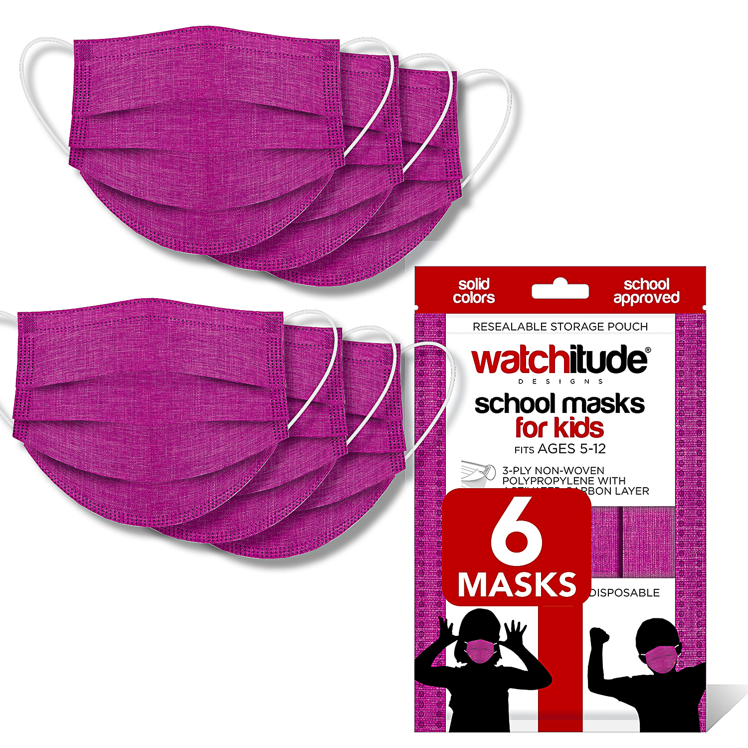 Raspberry - Watchitude Kids School Masks (6-pack) - Solid Color - School Approved image number 0